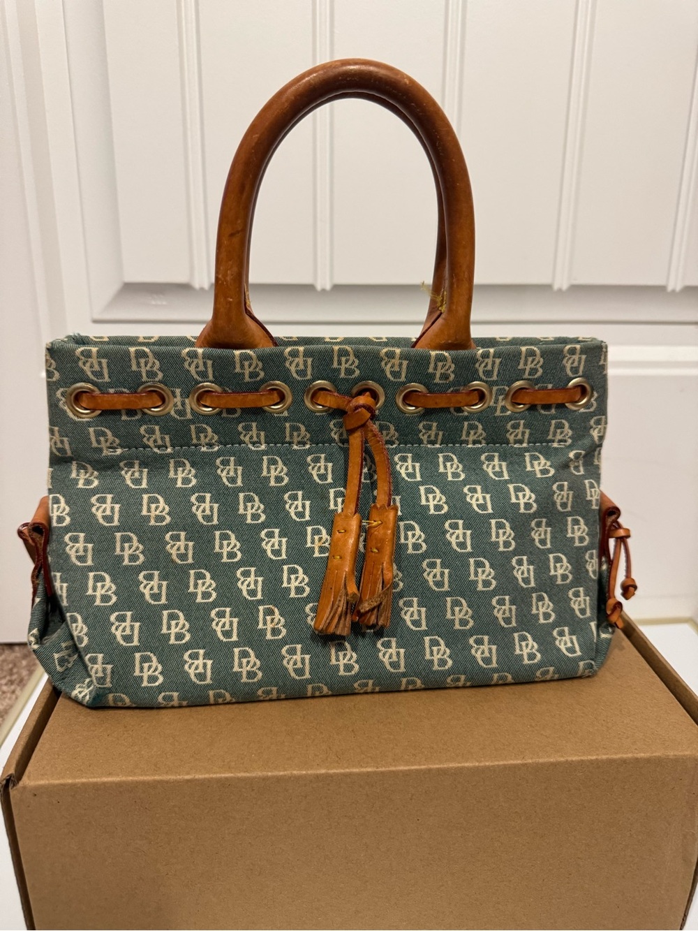 Dooney & Bourke Teal Monogram Canvas Tote with Tan Leather Trim